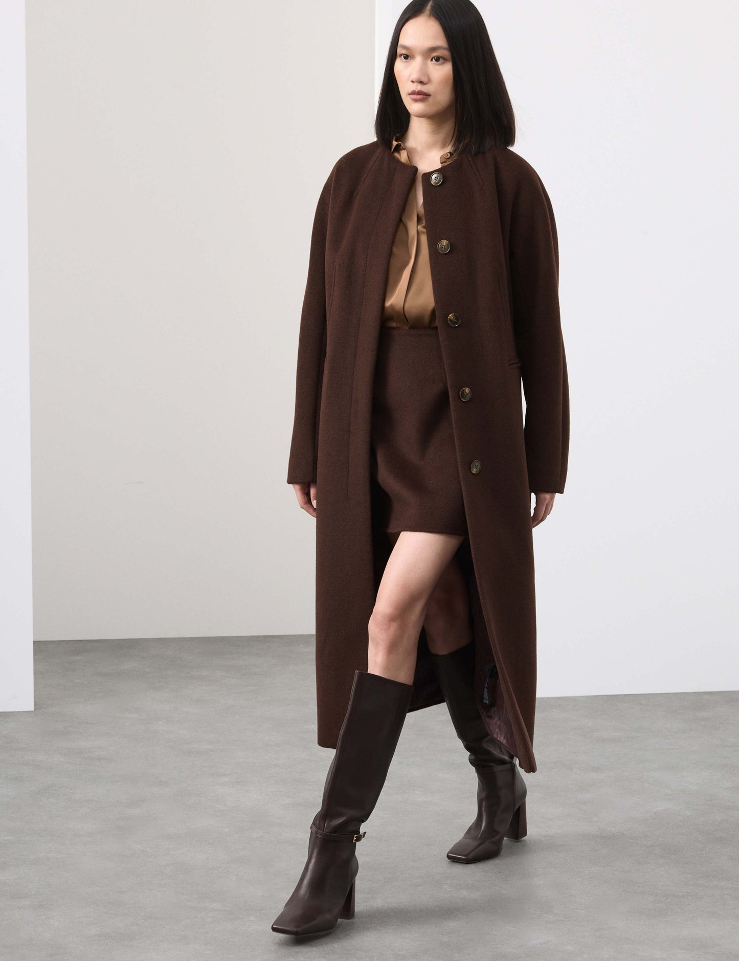 Wool Blend Collarless Longline Coat