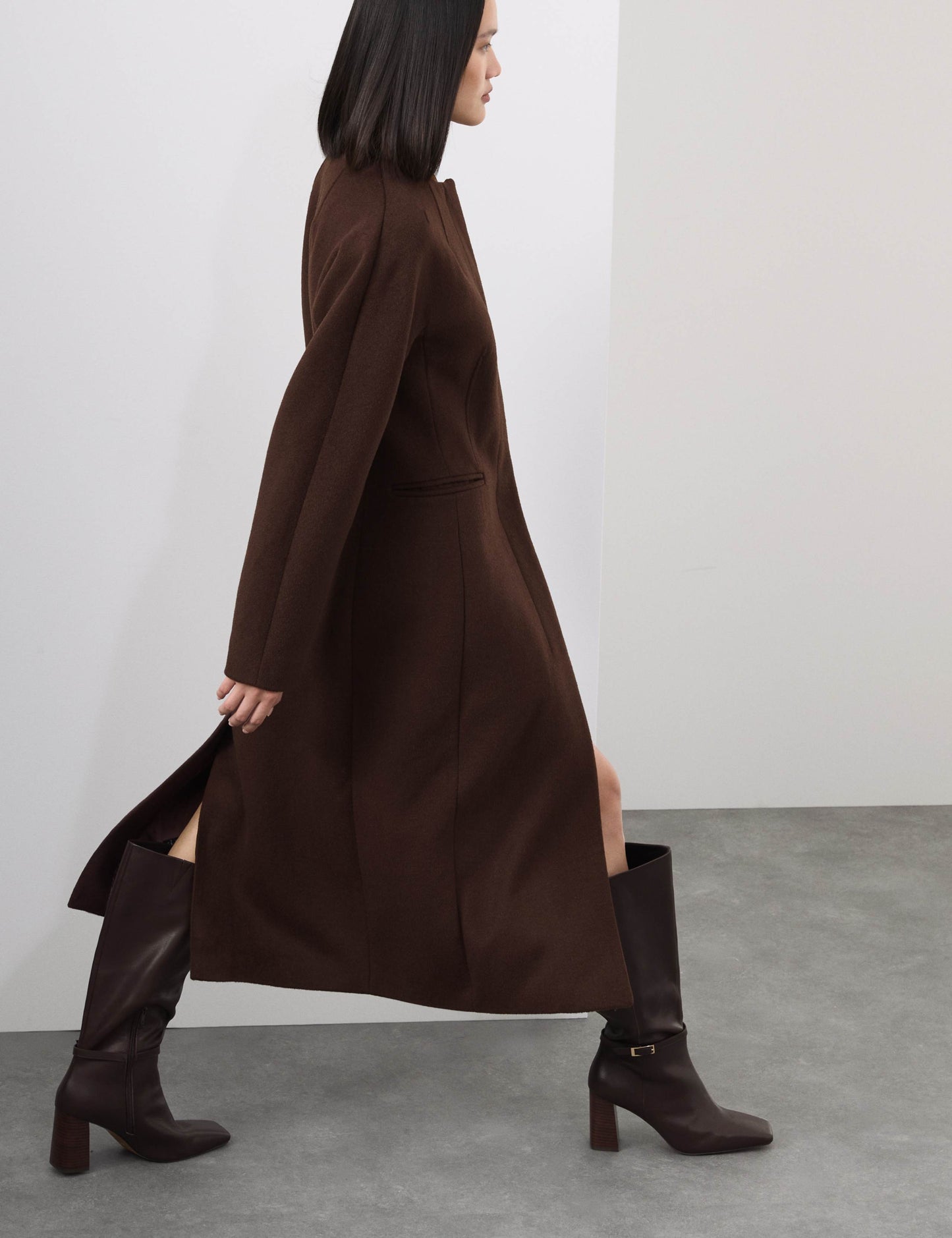 Wool Blend Collarless Longline Coat