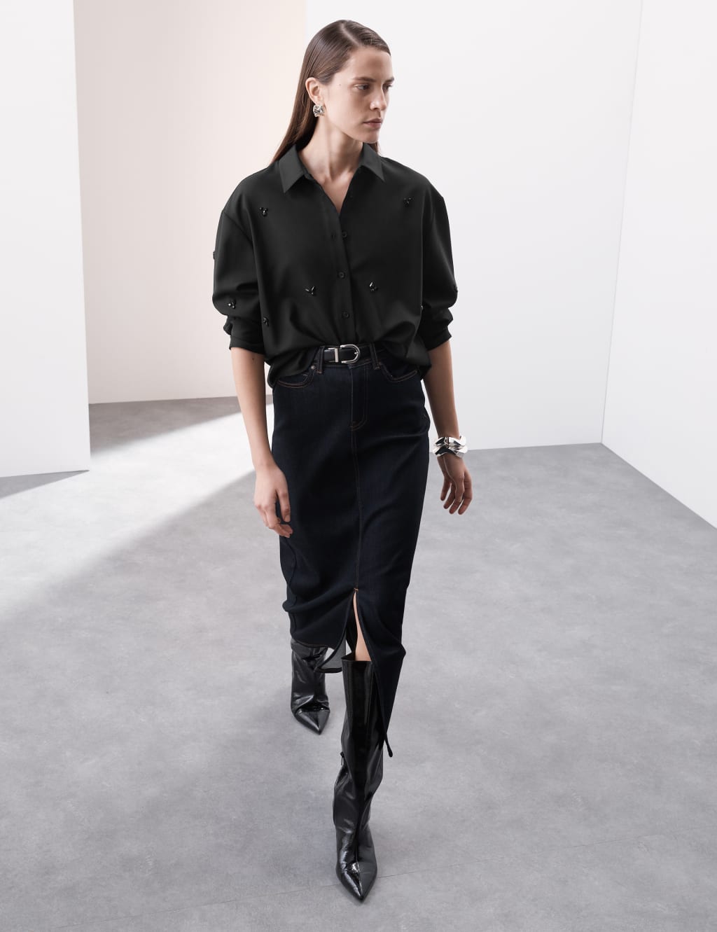 Wool Blend Embellished Long Sleeve Shirt