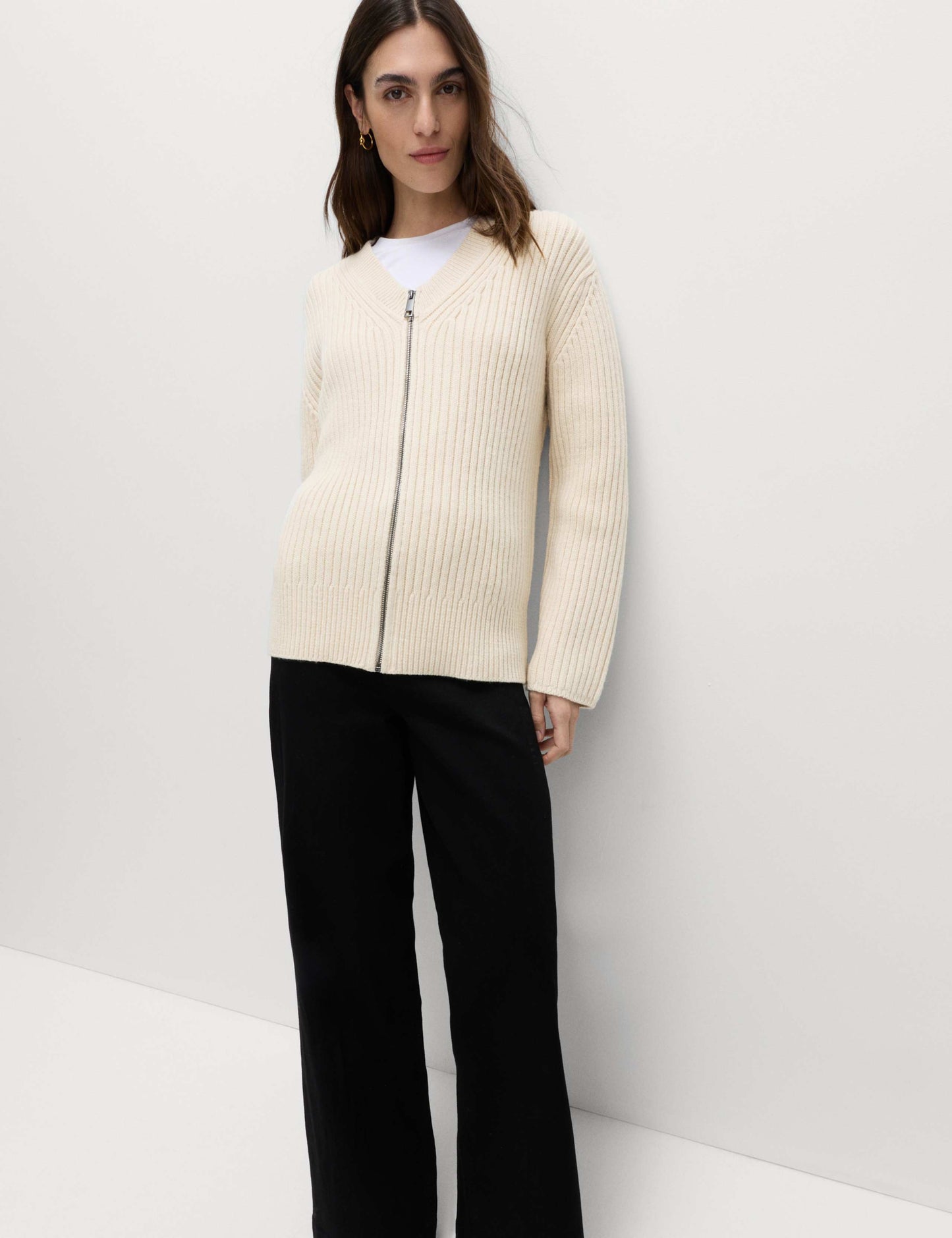 Wool Blend Ribbed Scarf Neck Zip Cardigan