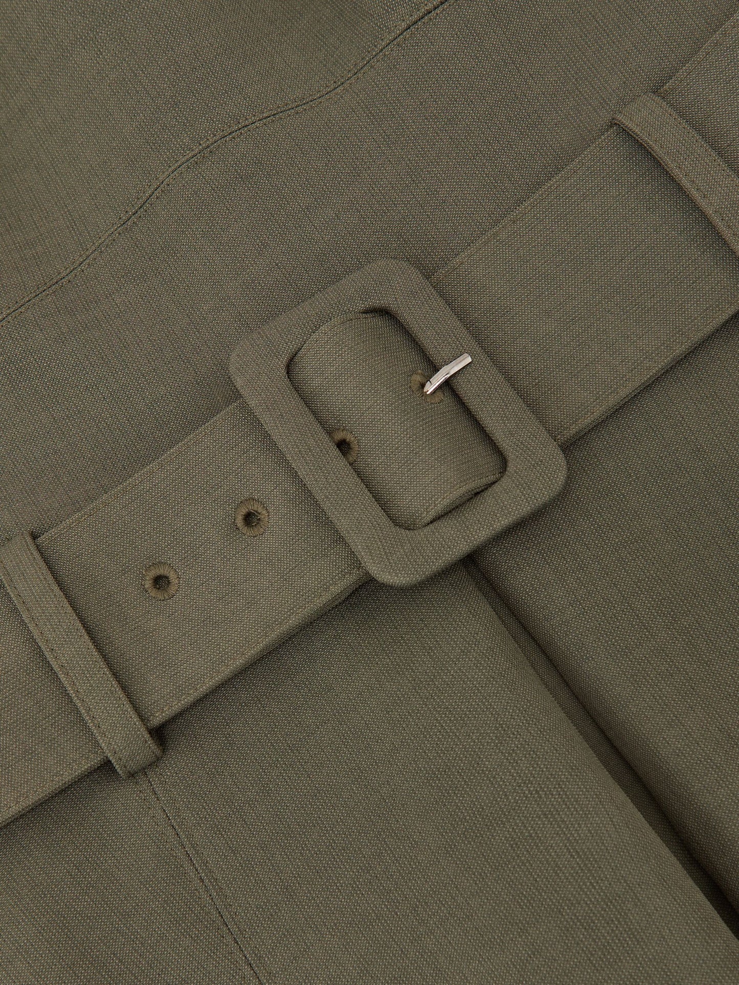 Mesh-Panel Belted Pleated Midi Dress in Khaki Green