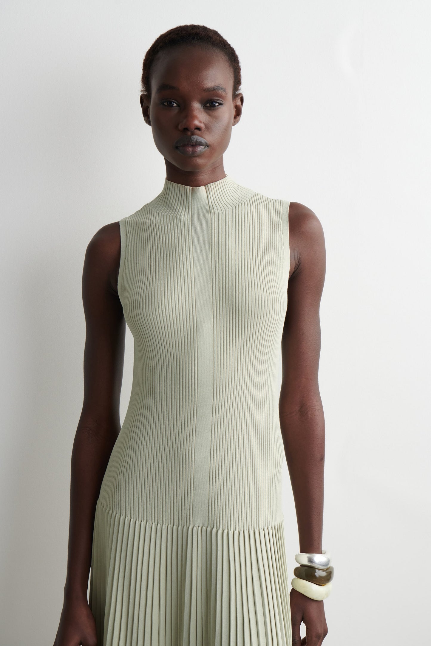Pleated High-Neck Maxi Dress