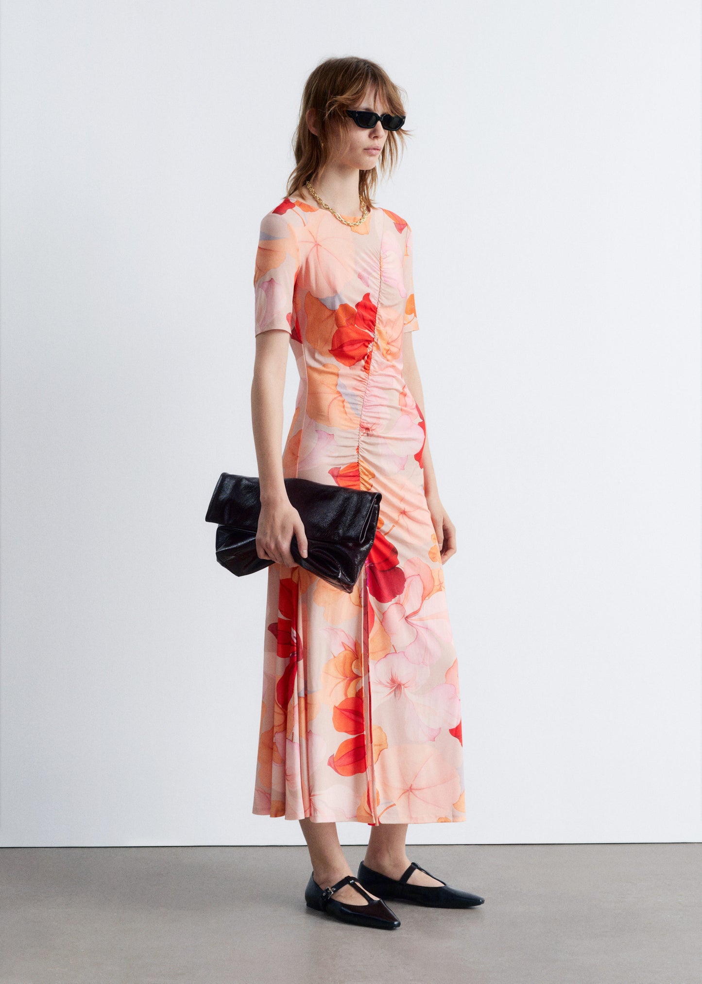 Ruched Short-Sleeve Midi Dress