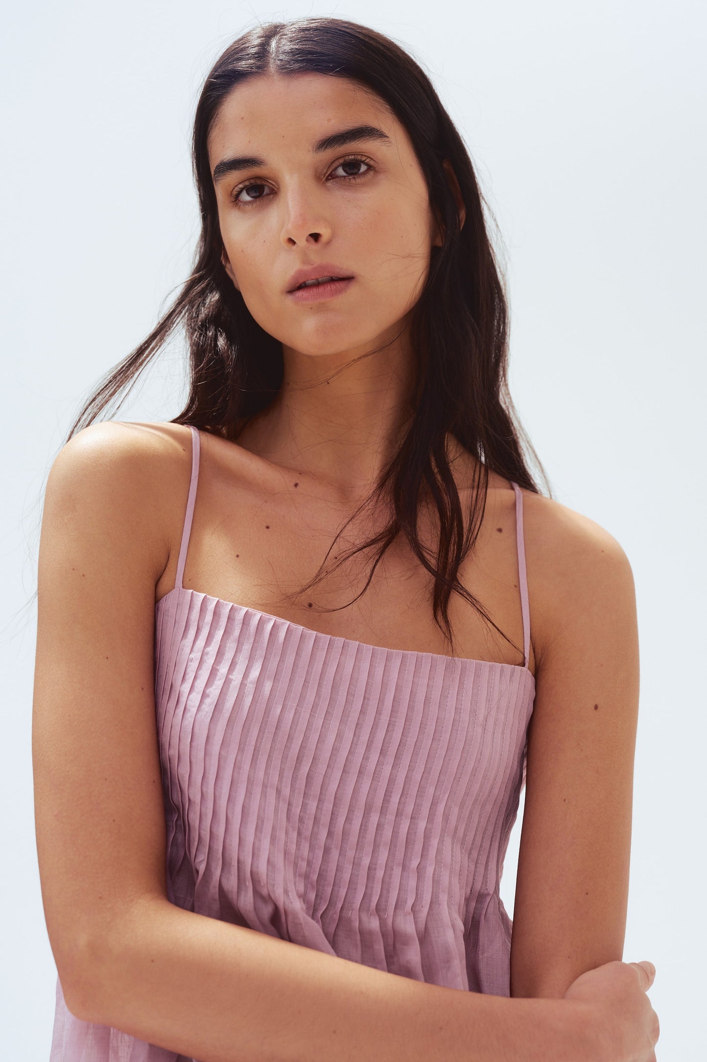 Pintucked ramie strappy top