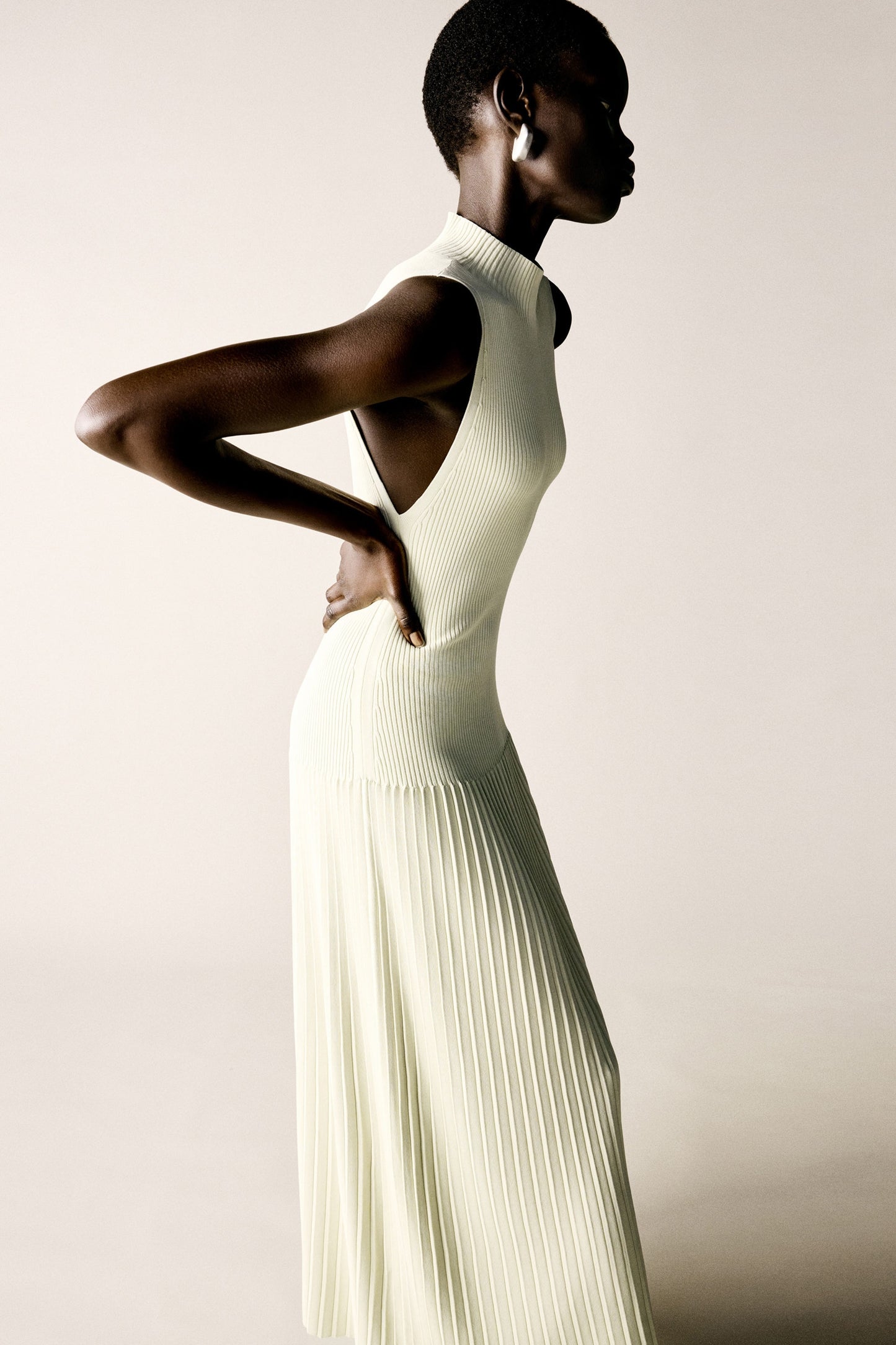 Pleated High-Neck Maxi Dress