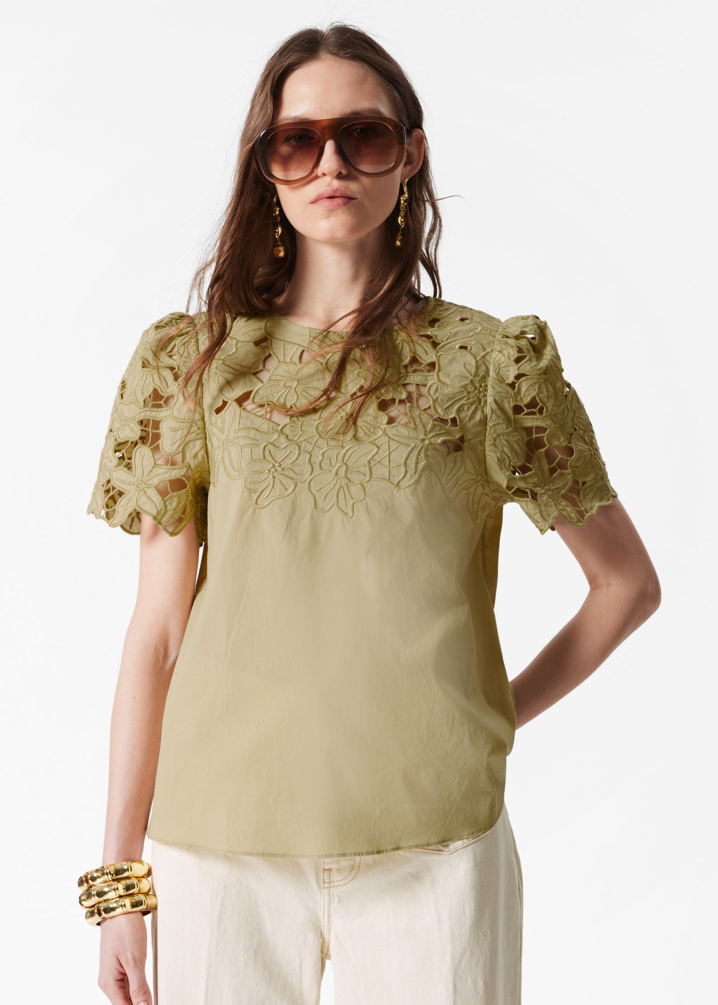 Short-Sleeve Floral-Embroidery Blouse