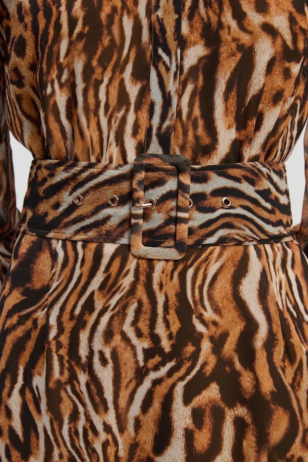 Animal Print Georgette Belted Woven Shirt Dress