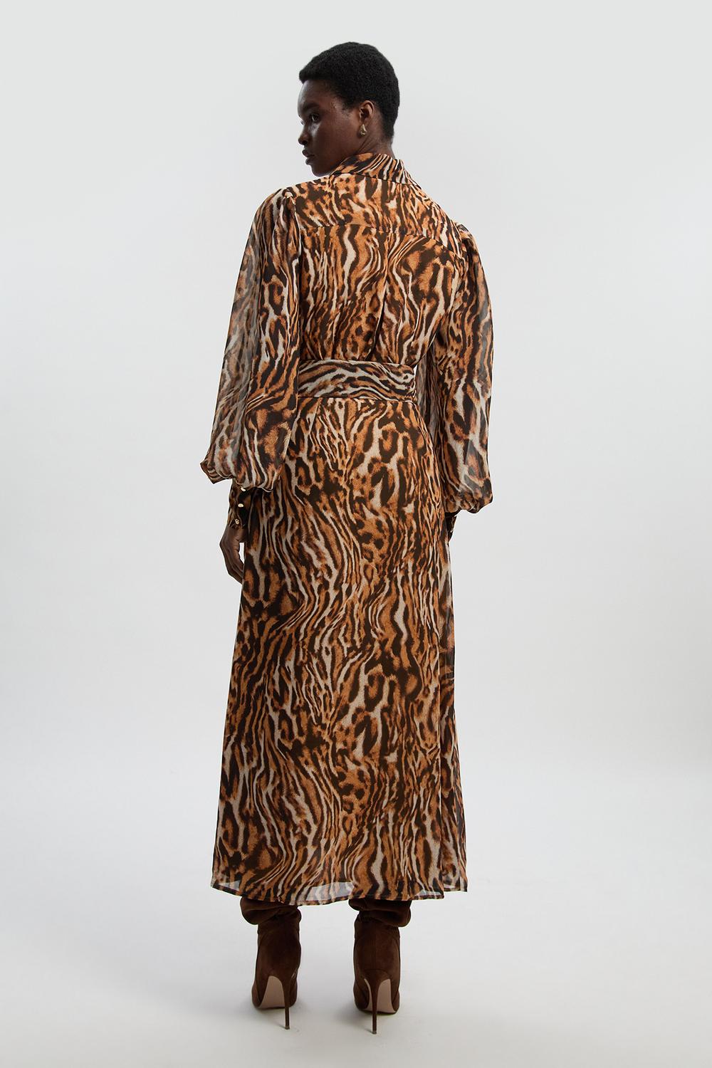 Animal Print Georgette Belted Woven Shirt Dress