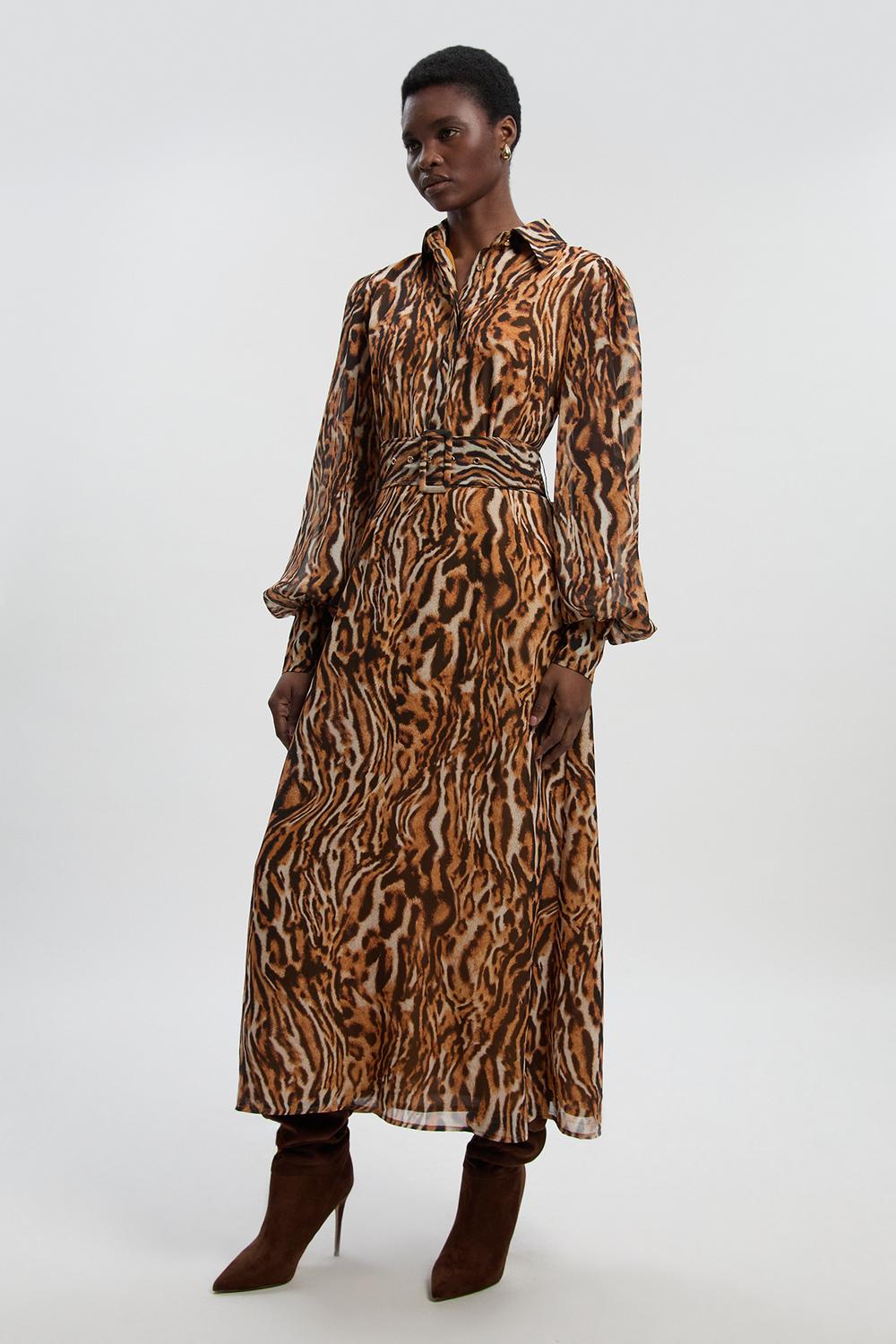 Animal Print Georgette Belted Woven Shirt Dress