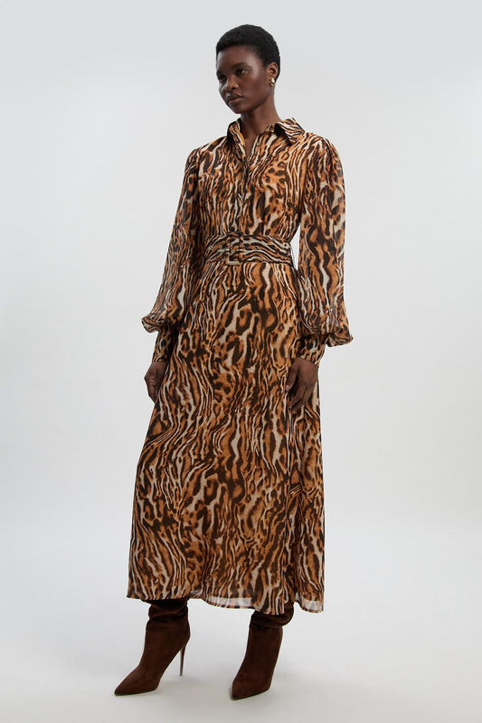 Animal Print Georgette Belted Woven Shirt Dress