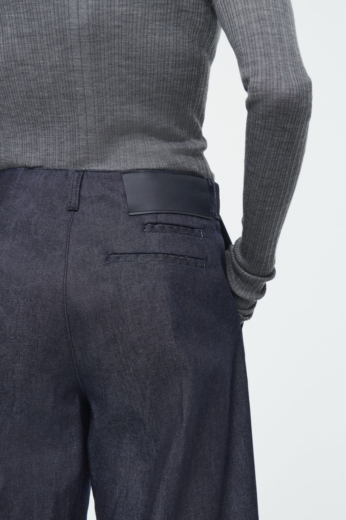 The wide-leg raw denim jeans