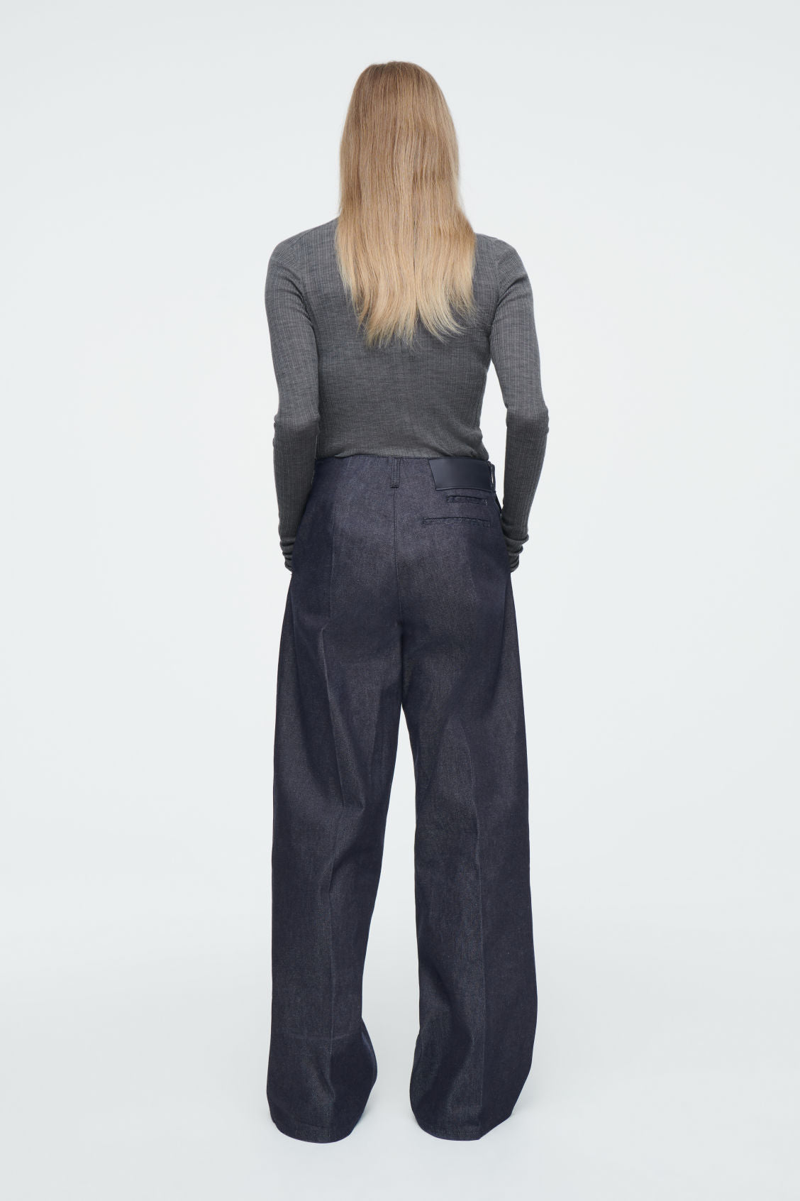 The wide-leg raw denim jeans