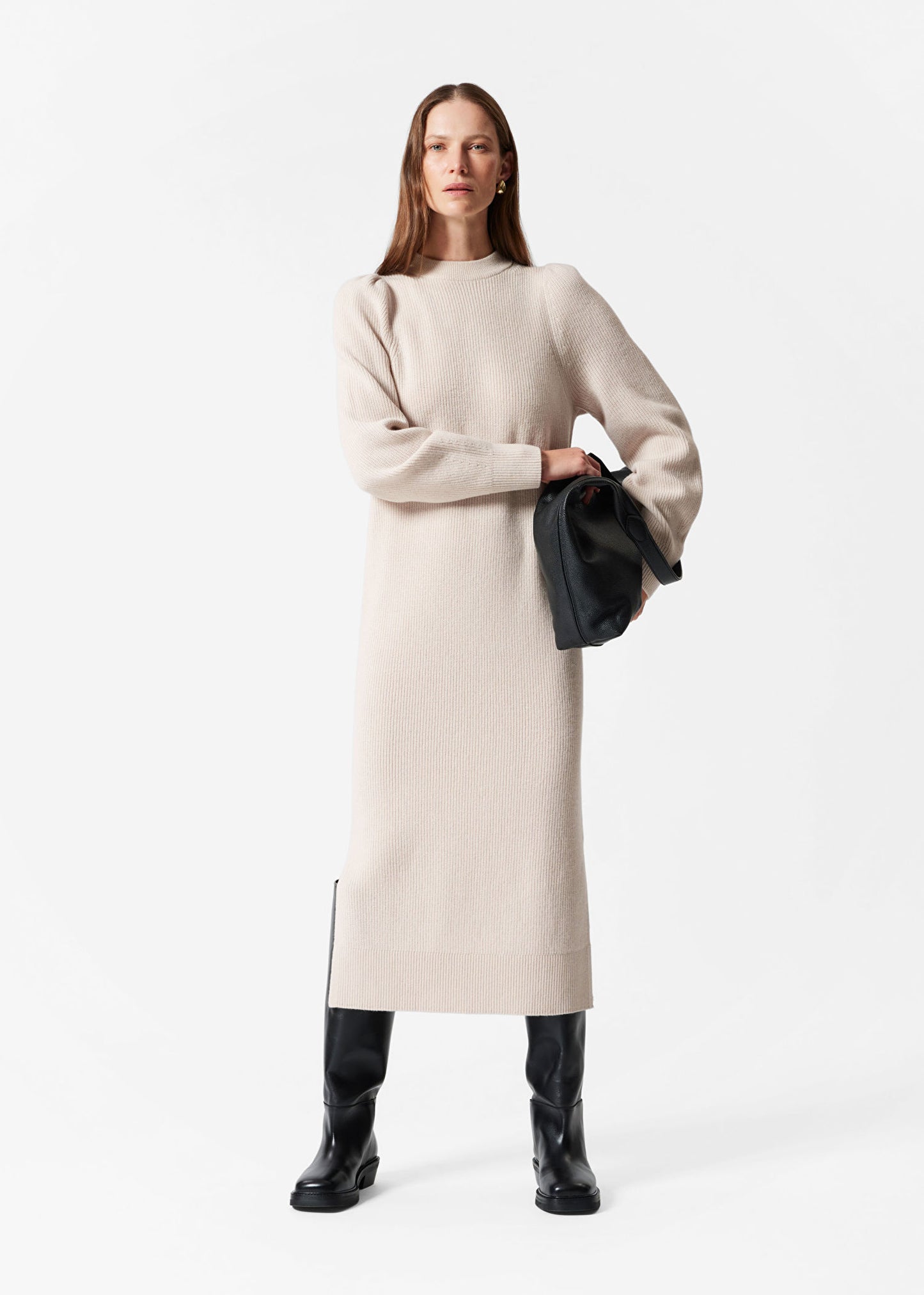 Puff-Sleeve Wool Midi Dress