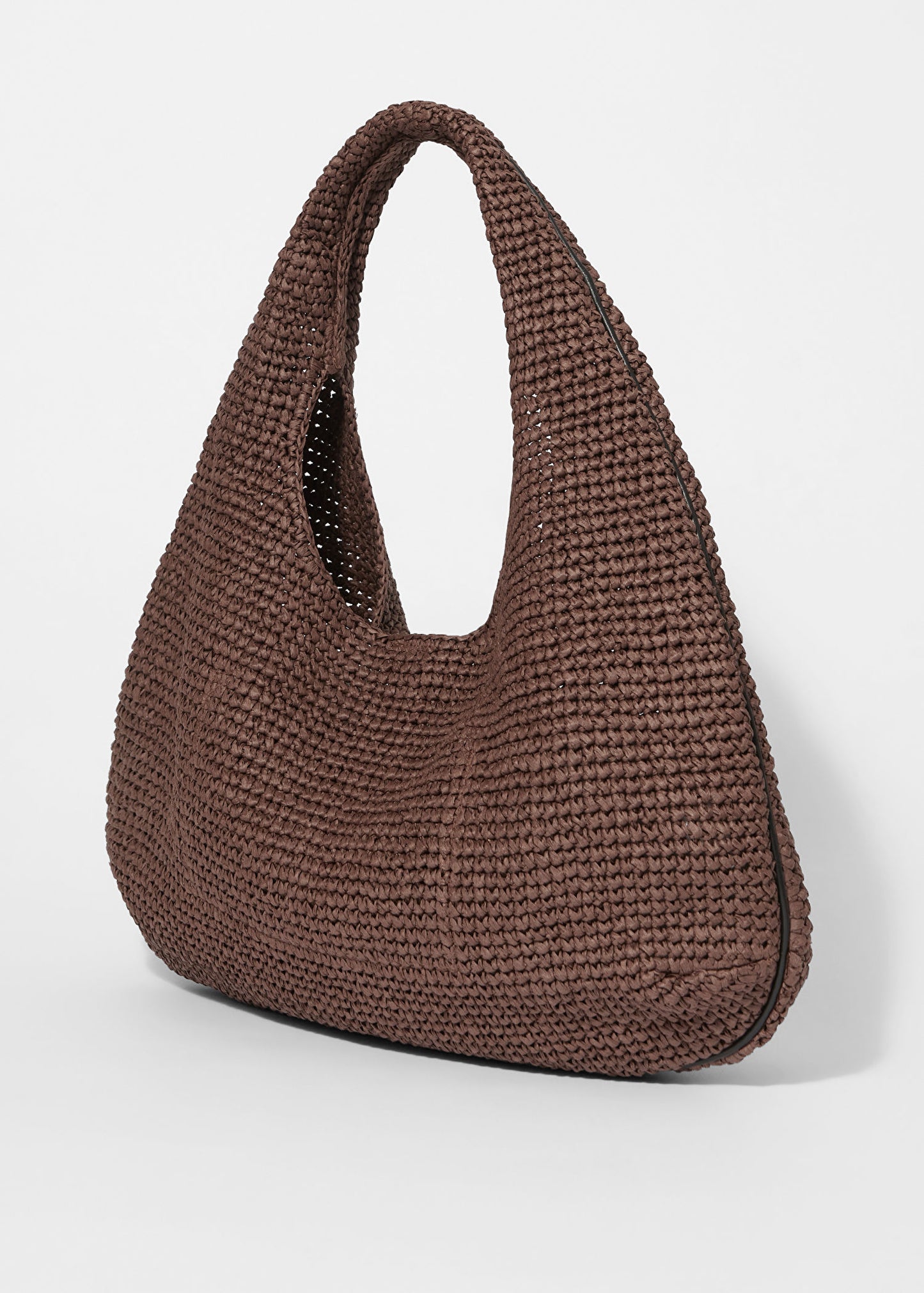 Leather-Piping Straw Shoulder Bag