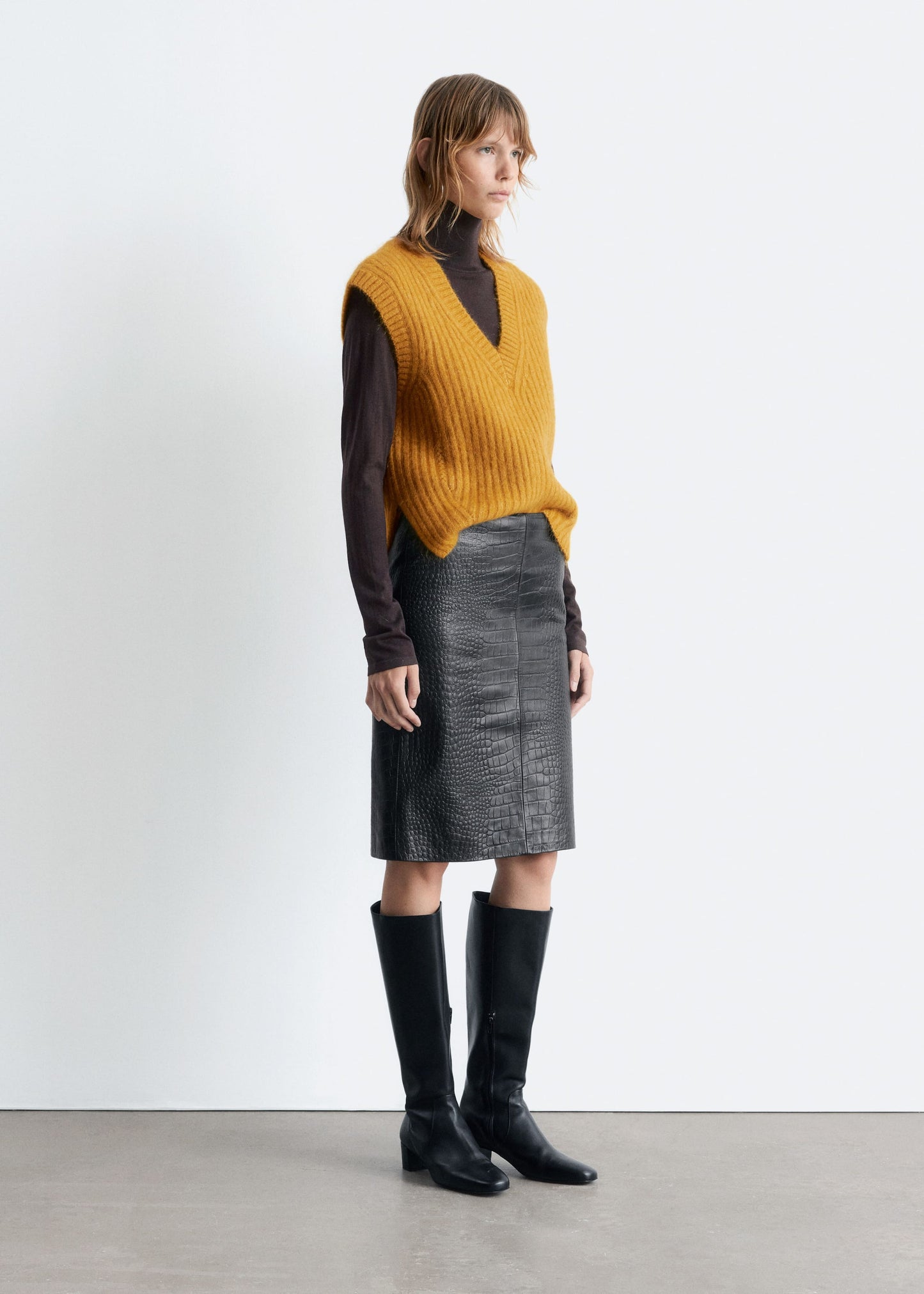 Nappa Leather Pencil Midi Skirt