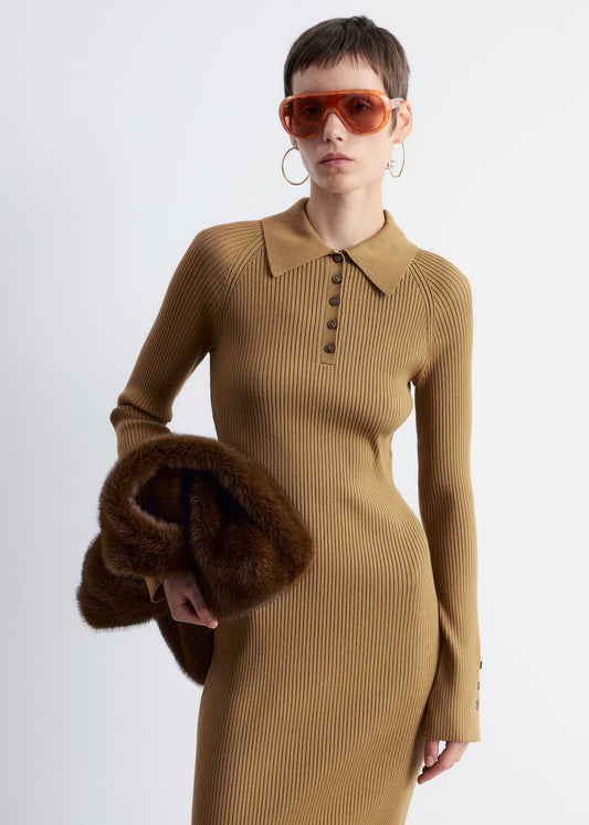 Rib-Knit Polo Midi Dress