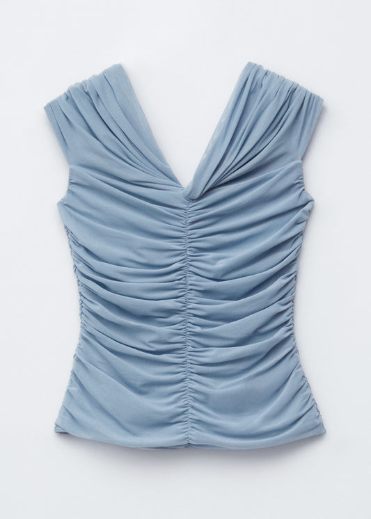 Ruched V-neck Mesh Top