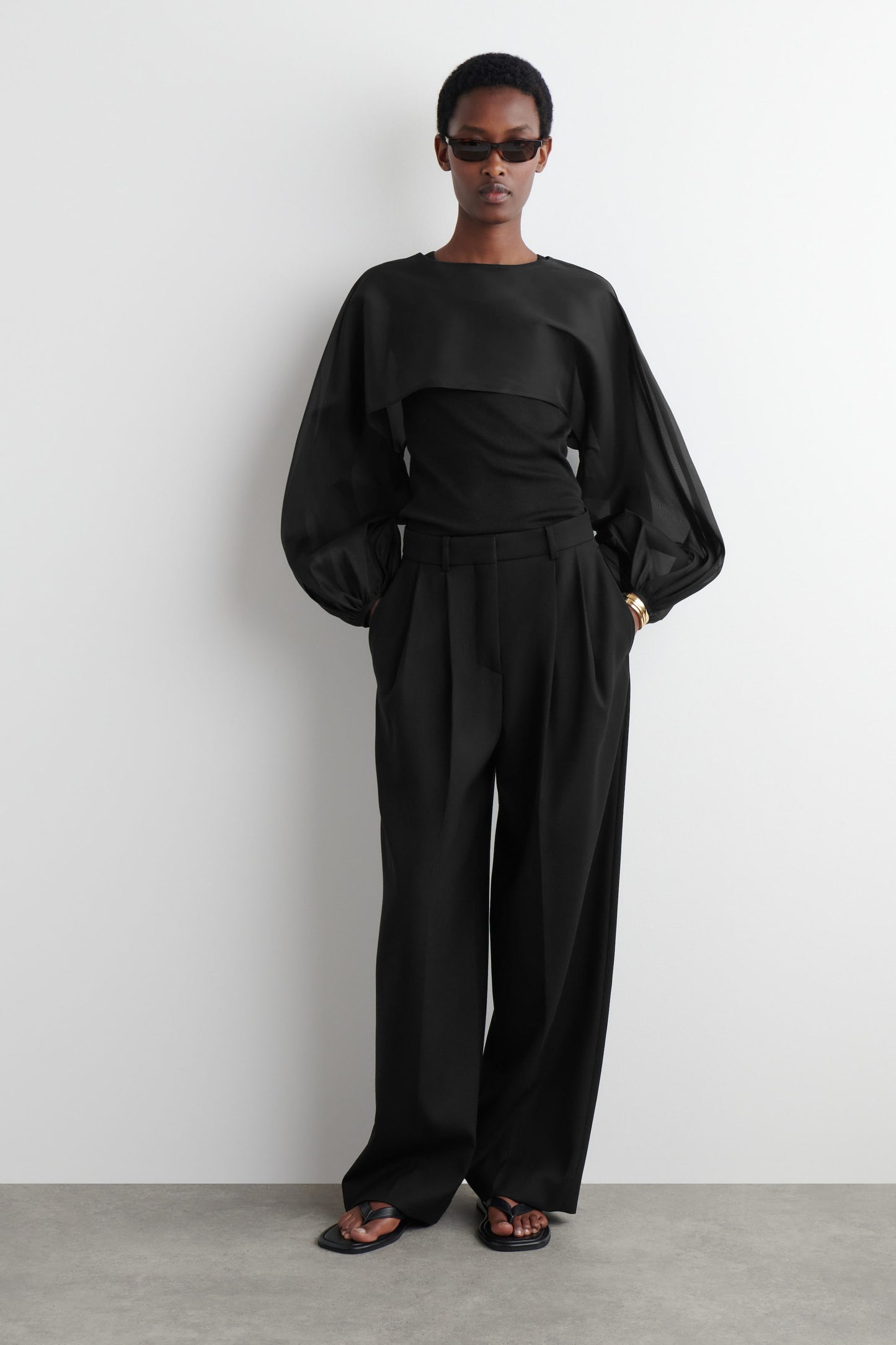 Balloon-sleeve sheer silk hybrid