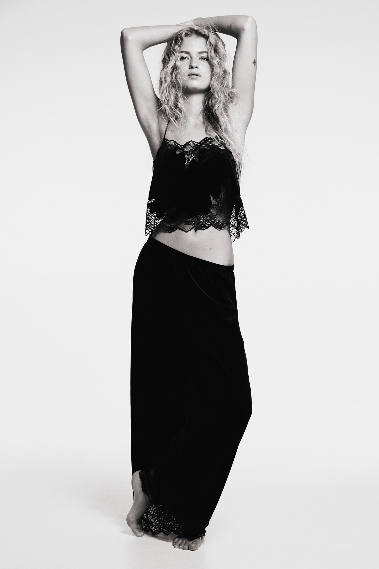 Lace-trimmed velour strappy top