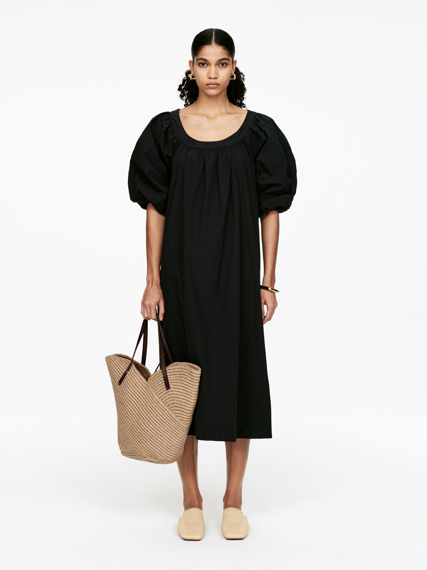 Leather-Detail Straw Tote