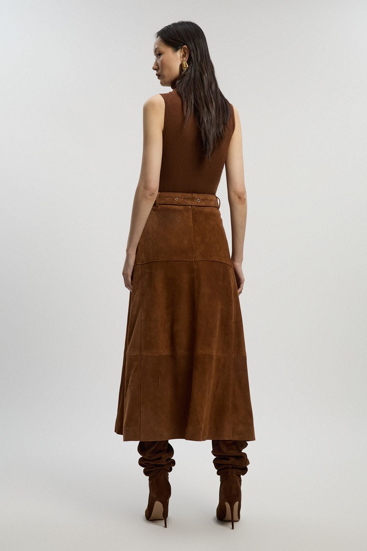 Suede Utility Belted Full Midi Skirt