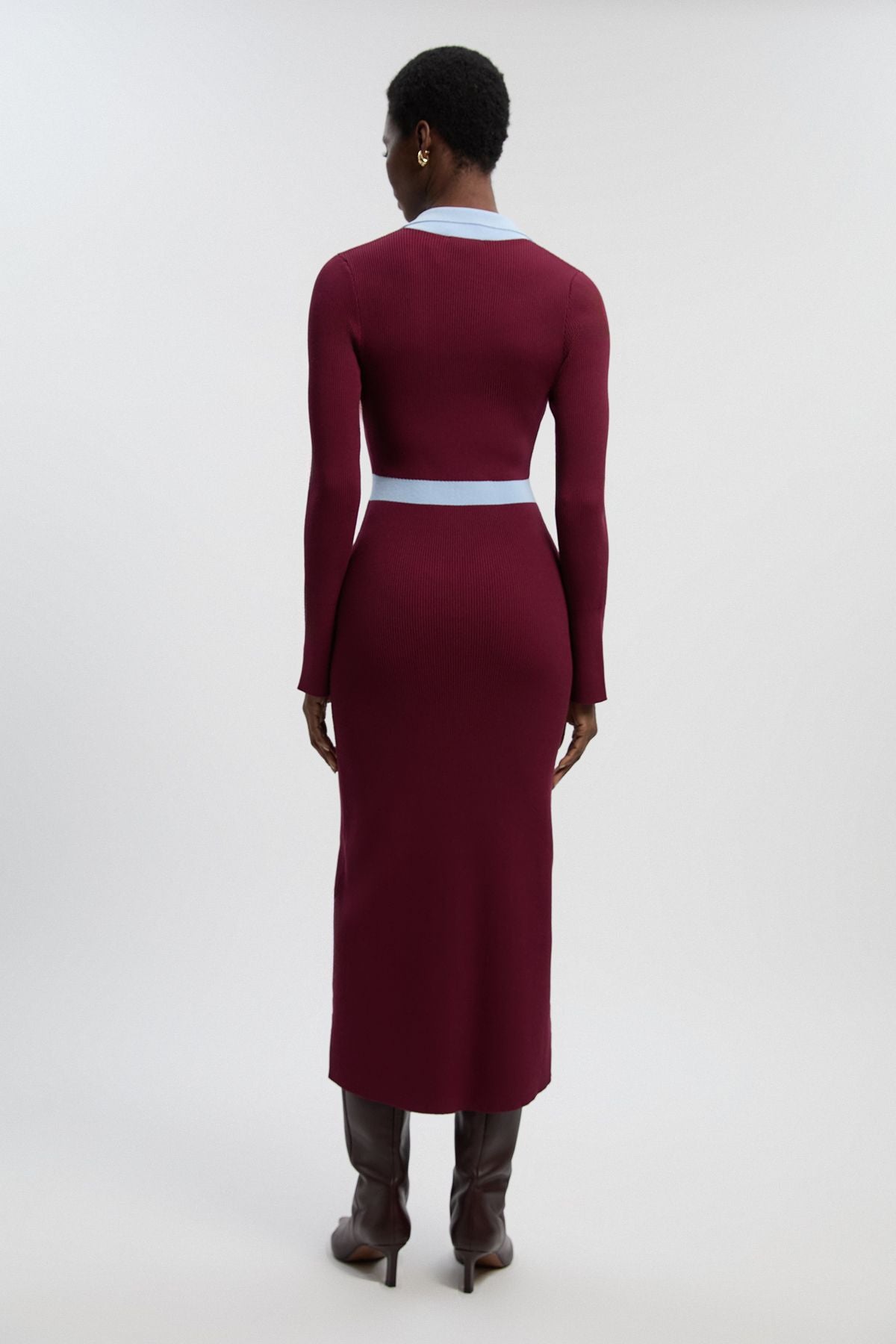 Knit Rib With Contrast Waist Detail Collared Midi Dress