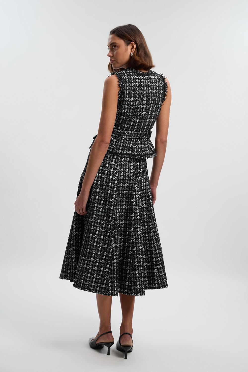 Boucle Tailored Sleeveless Satin Mix Full Skirted Midi Dress