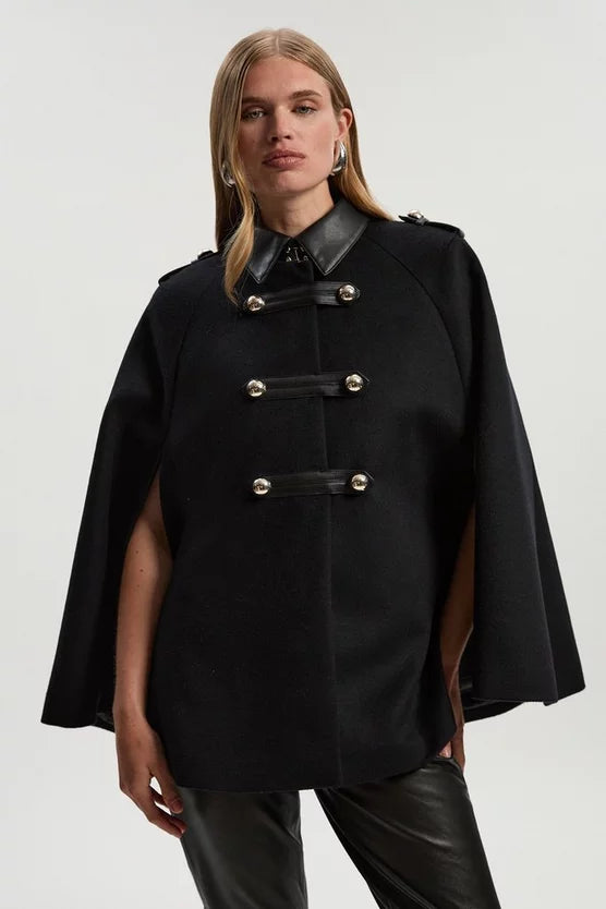 Brushed Wool PU Mix Tailored Cape Short Coat