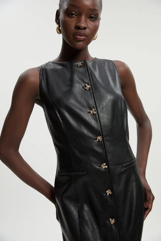 Faux Leather Button Detail Midi Pencil Dress