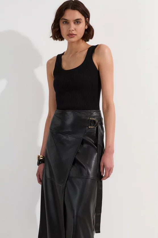 Faux Leather Tie Detail Wrap Midi Skirt