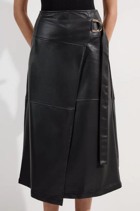 Faux Leather Tie Detail Wrap Midi Skirt