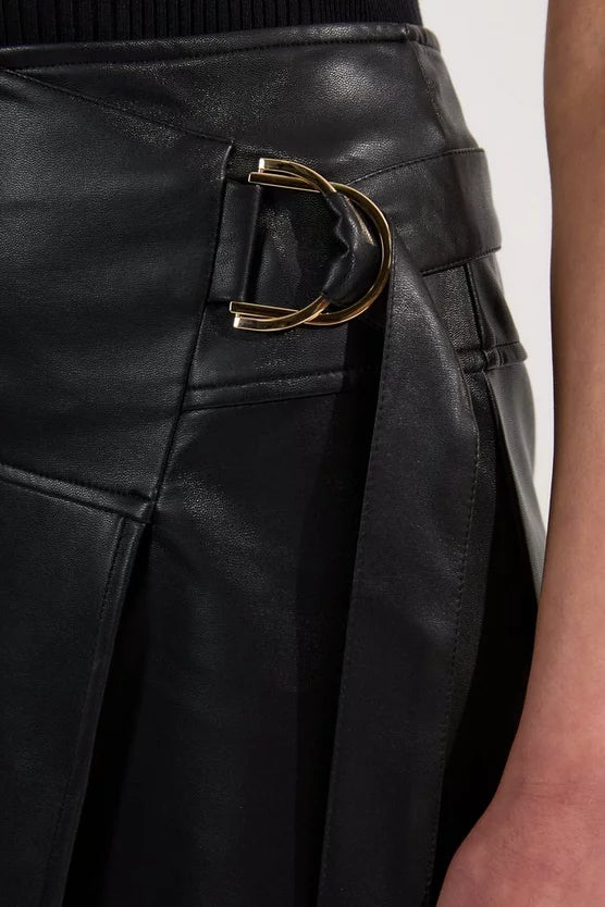 Faux Leather Tie Detail Wrap Midi Skirt