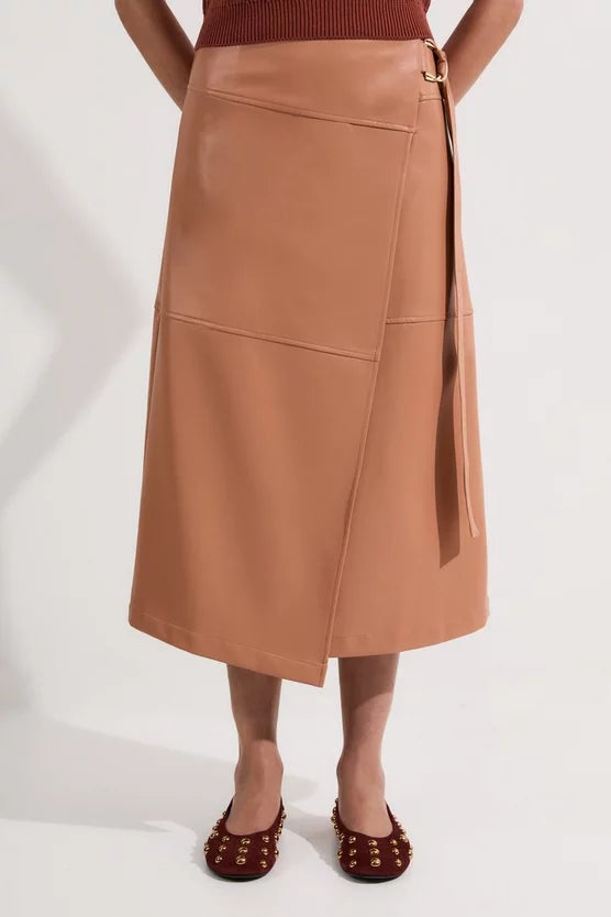 Faux Leather Tie Detail Wrap Midi Skirt