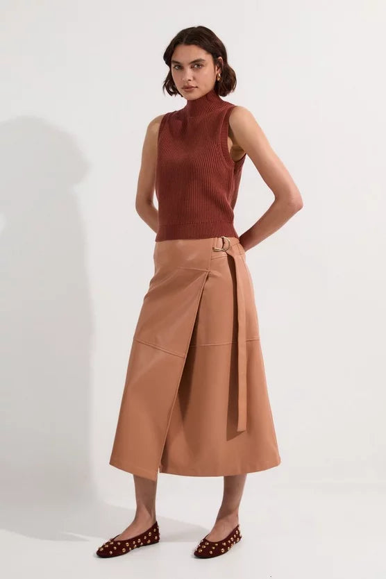 Faux Leather Tie Detail Wrap Midi Skirt