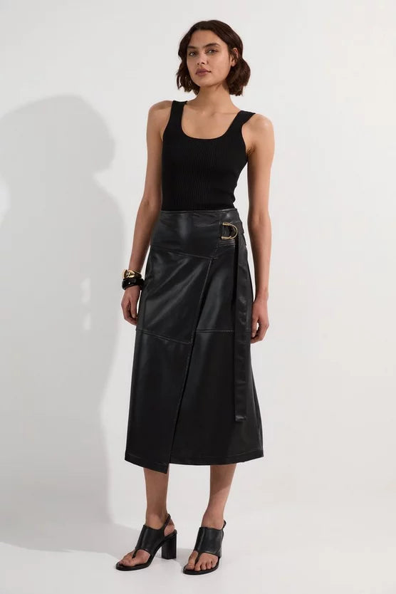 Faux Leather Tie Detail Wrap Midi Skirt