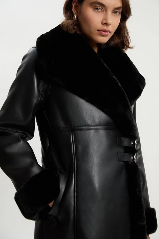 Faux Shearling Oversize Collar Buckle Midi Coat