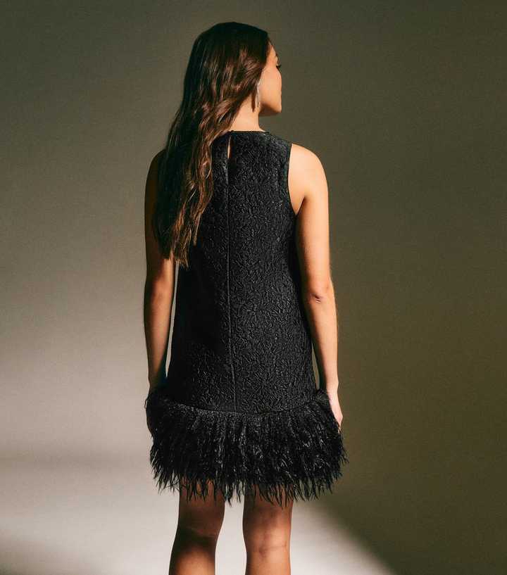 Black Floral Jacquard Faux Fur Hem Mini Dress