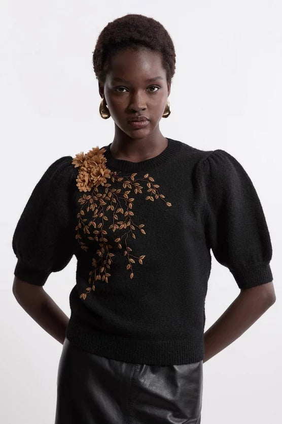 Flower And Beaded Puff Sleeve Knit Tee