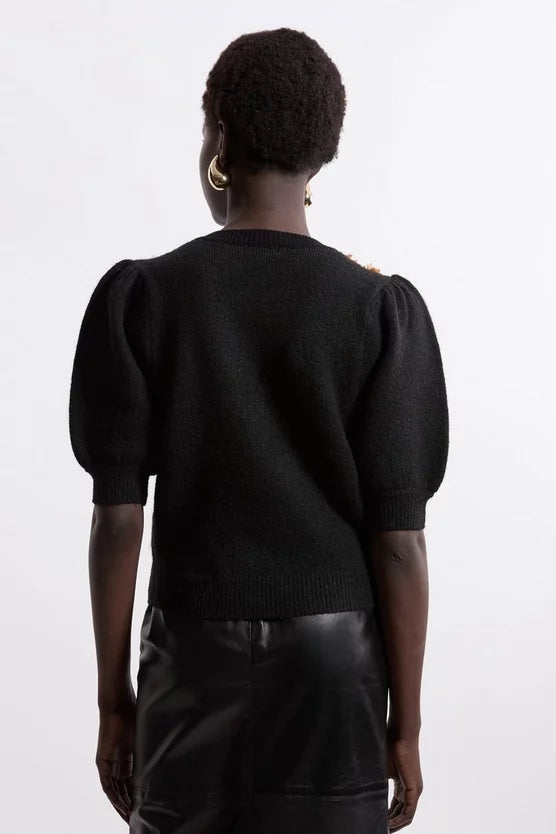 Flower And Beaded Puff Sleeve Knit Tee