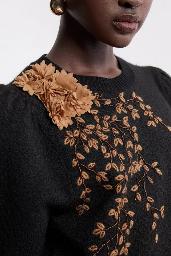 Flower And Beaded Puff Sleeve Knit Tee
