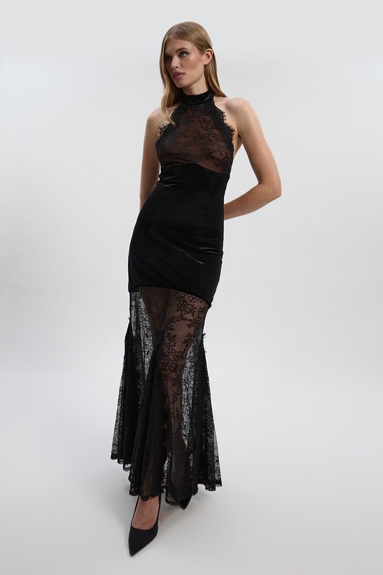 Lace With Velvet Detail Halter Neck Maxi Dress