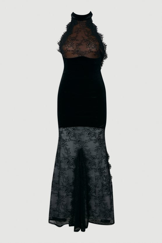 Lace With Velvet Detail Halter Neck Maxi Dress