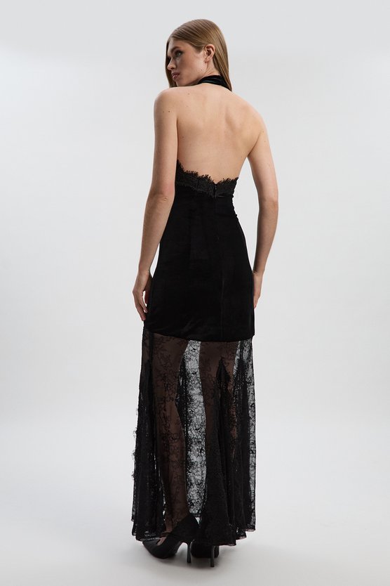 Lace With Velvet Detail Halter Neck Maxi Dress