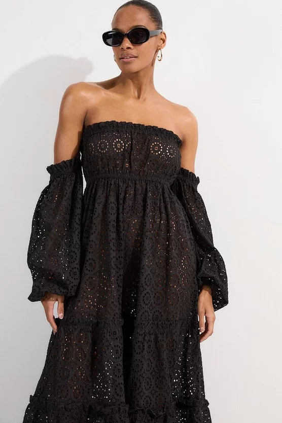 Off Shoulder Broderie Maxi Beach Woven Dress