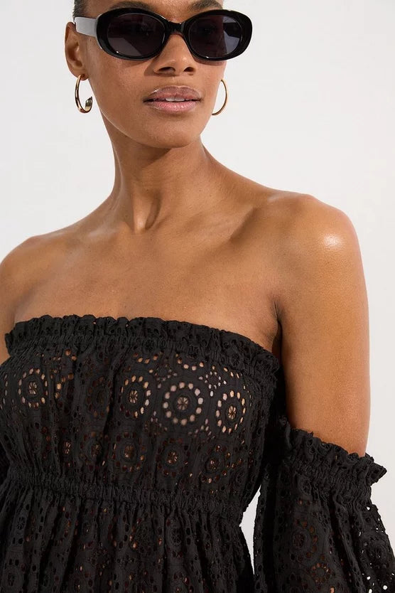 Off Shoulder Broderie Maxi Beach Woven Dress