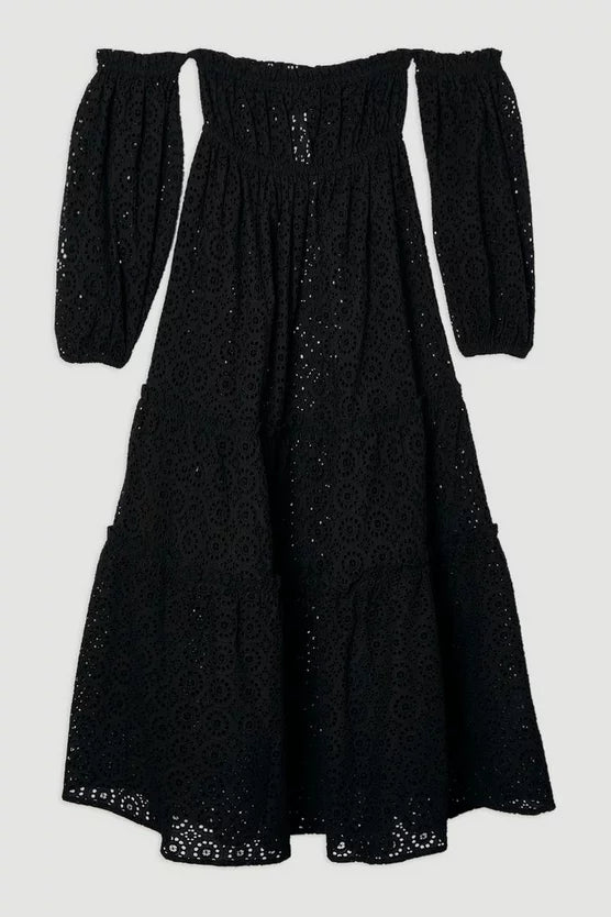 Off Shoulder Broderie Maxi Beach Woven Dress