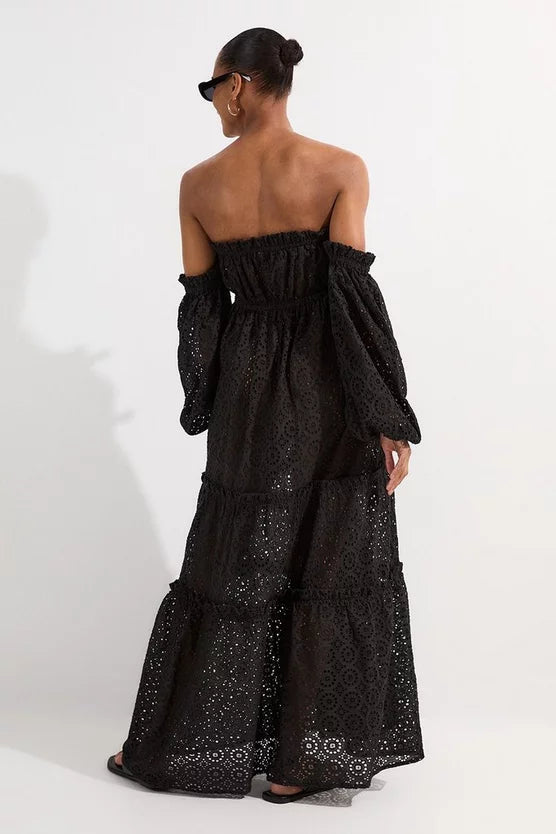 Off Shoulder Broderie Maxi Beach Woven Dress
