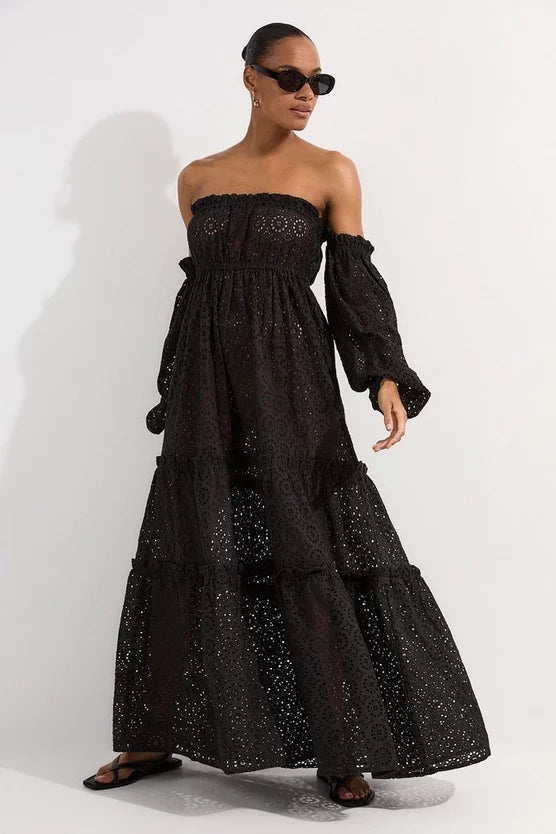 Off Shoulder Broderie Maxi Beach Woven Dress