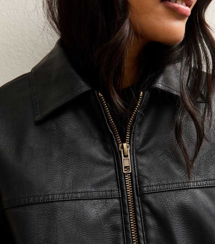 Black Oversized Washed Faux Leather Jacket