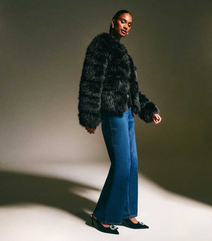 Black Panelled Faux Fur Jacket